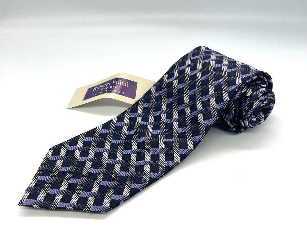 Roberto Villini Couture Purple Balck Silver Geometic 100% Silk Tie 56”x3.5” NWT